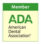 The image shows a logo with the text MEMBER above an emblem consisting of the letters ADA within a green square, followed by the words AMERICAN DENTAL ASSOCIATION.