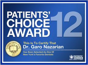 The image is a digital graphic with text overlaying an award seal. It reads Patients Choice Award 12 followed by a number 12 in a larger font size. Below this, there is a badge with a ribbon and the text This is to certify that Dr. Goro Nazarian has been selected as one of New York s favorite dentists. The background is blue, and the overall style suggests an award or recognition for a dental professional.