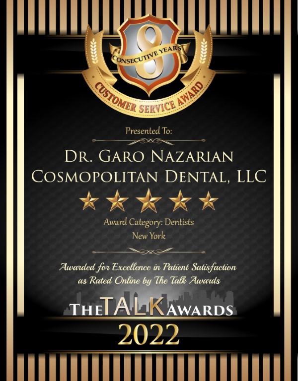 The image shows a certificate with text and graphics, presented by The Talk Kawars 2021. It recognizes Dr. Goro Nazarian as a customer service award recipient for Cosmopolitan Dental, LLC. The certificate features a gold seal, star ratings, and mentions an online patient satisfaction award.